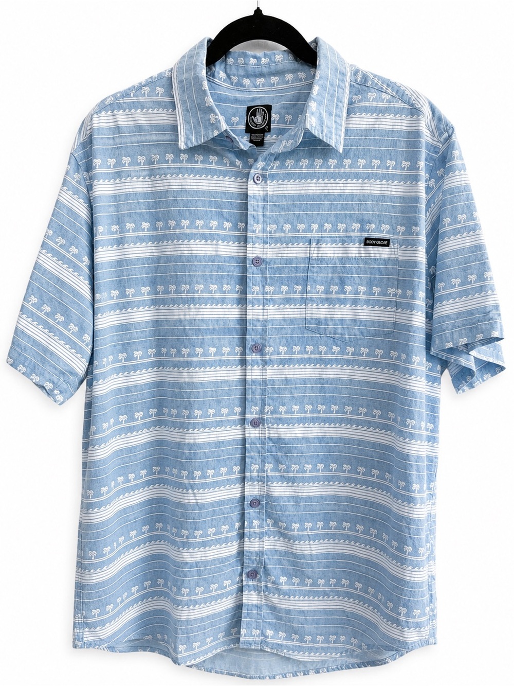 Body Glove 100% Cotton Blue White Palm Tree Wave Print 90 Button Up Shirt Y2K XL